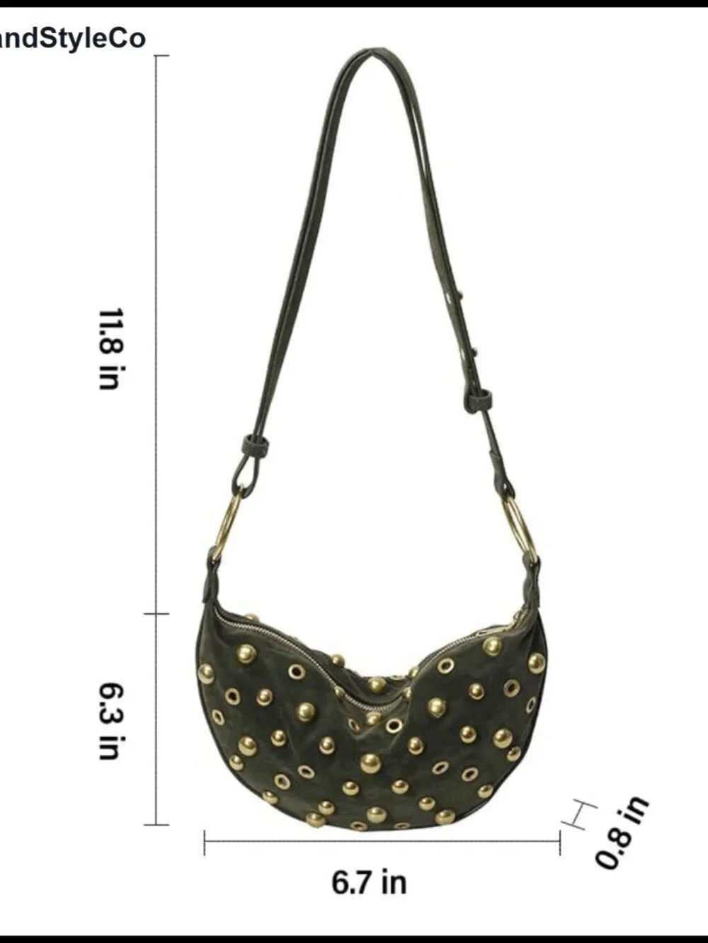 Faux Suede Studded Hobo Shoulder Bag Adjustable Strap Crescent Purse